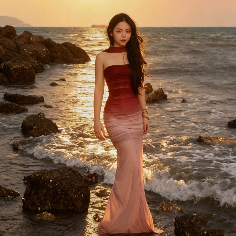 ZARA Summer Gradient Color Block Halter Mesh Mermaid Long Dress
